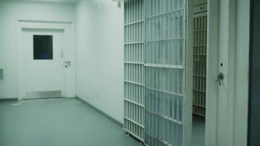 A prison employee is walking through a jail