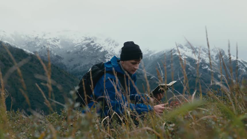 A man checks a plant in a field and compares it to information in a book