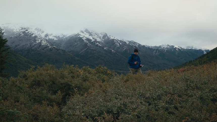 A man is carrying a book and a camera as he walks into a field of plants and there are snow covered mountains in the distance
