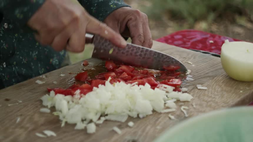 A person cutting tomatoes and onions on a cutting board outdoors