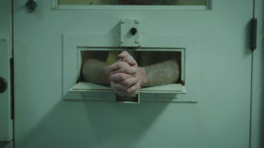 Close up of a man sticking his arms through and opening in a door and resting them there