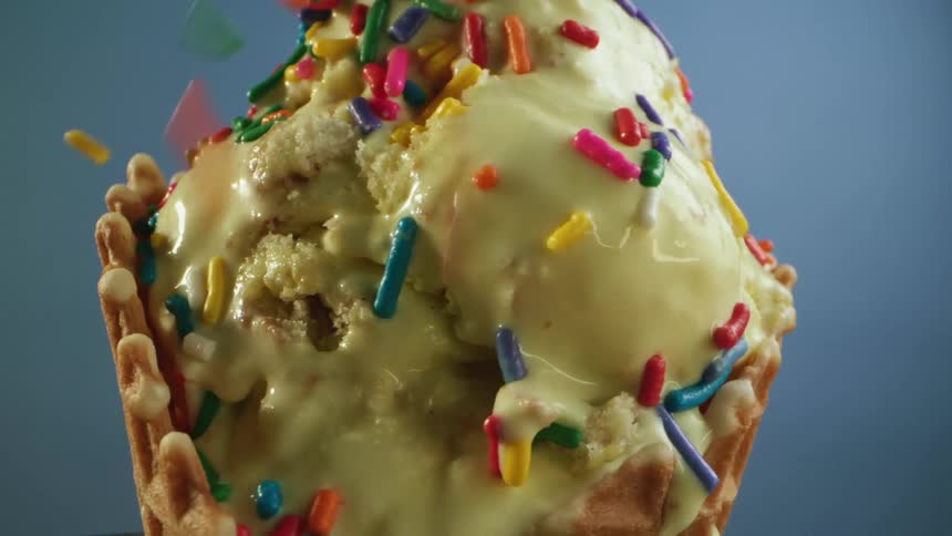 Close up view of an ice cream cone is displayed
