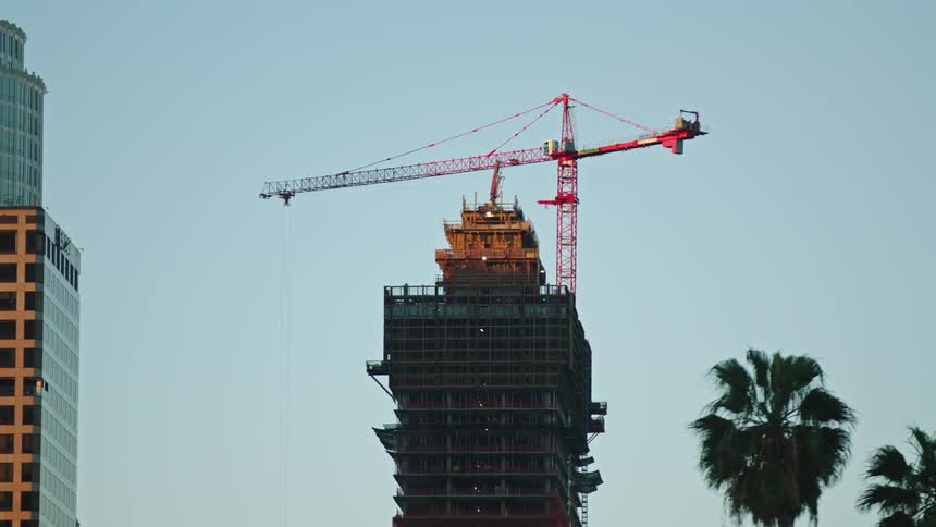 A construction crane sits on top of an unfinished building next to palm trees
