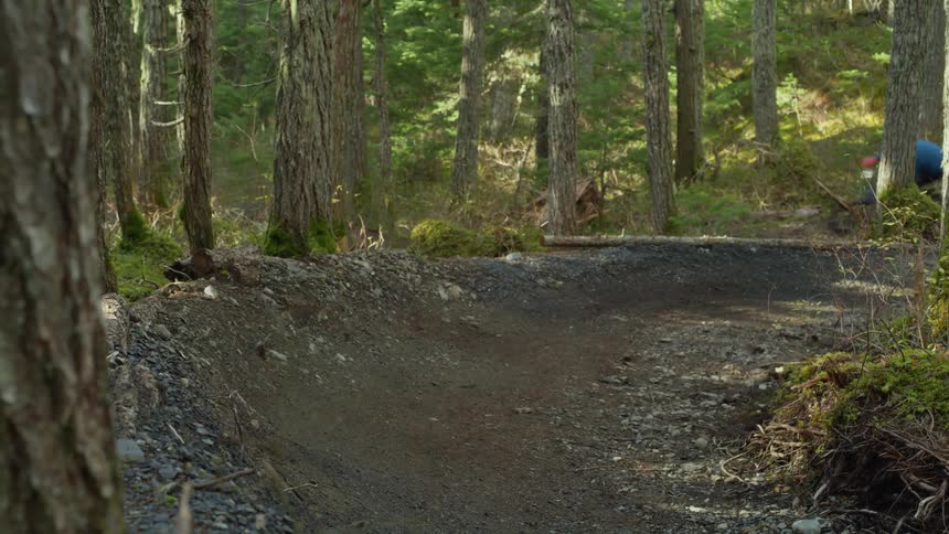 Two teenage boys bike through a forest