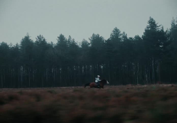 A young woman rides a horse next to a forest