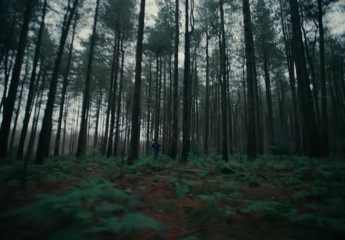 Woman runs through forest of tall conifer trees