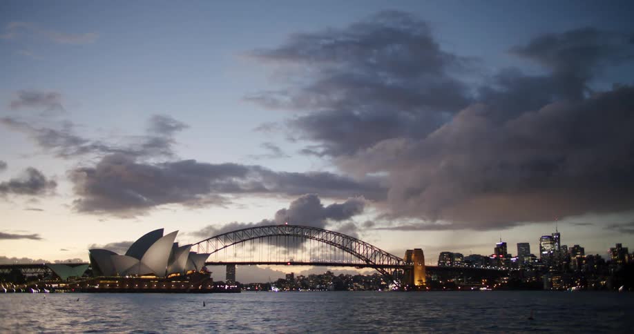 Dark clouds hanging over the sydney harbor bridge and opera house