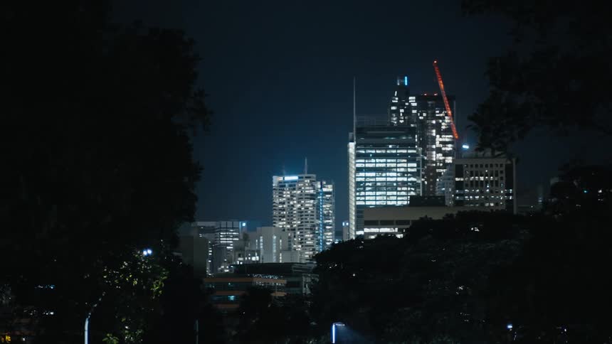 A view of a city skyline outdoors at night