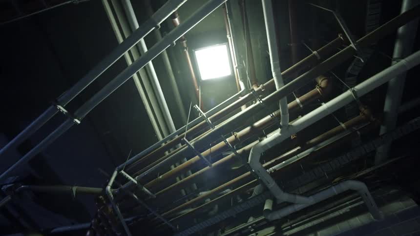 Pipes and conduit run the length of a ceiling crisscrossing under the lights