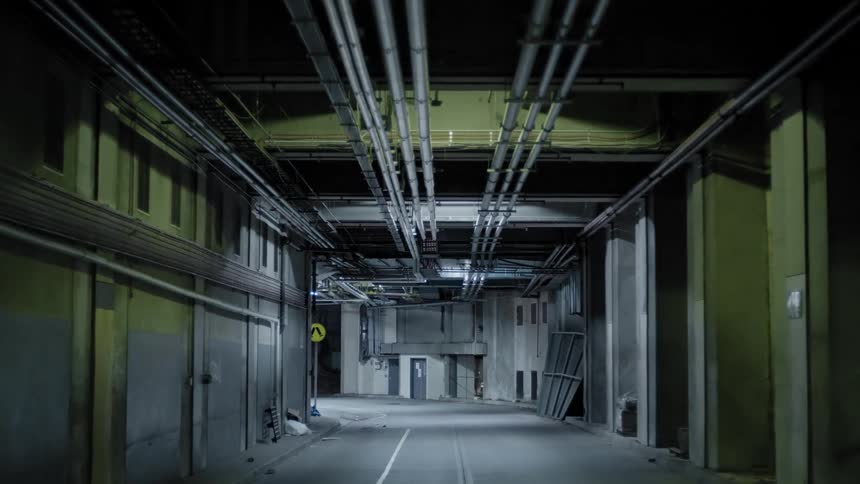 The basement area of a large building with pipes and wires running the ceiling