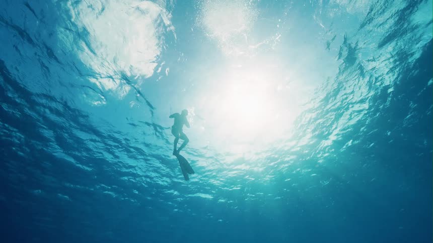 Underwater footage of a man with flippers on in the water