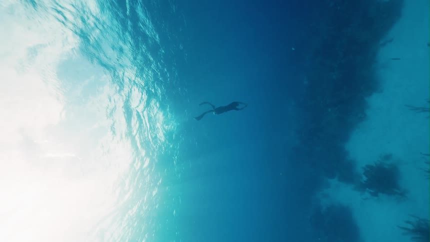 Silhouette of a person scuba diving in clear water as the sun shines brightly through the water