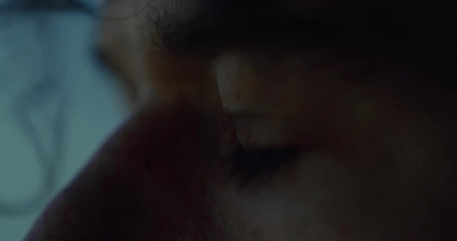 Close up of mans teary eyes