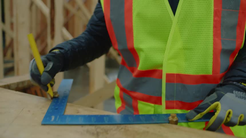 A female construction worker wearing a white hardhat is marking a piece of wood