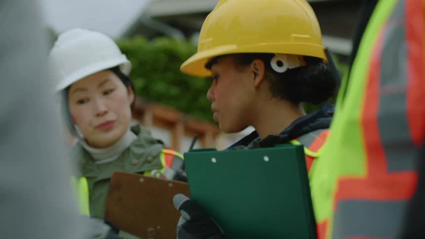 A female construction worker wearing a yellow hardhat and carrying a notebook is looking down at something and speaking to the crew