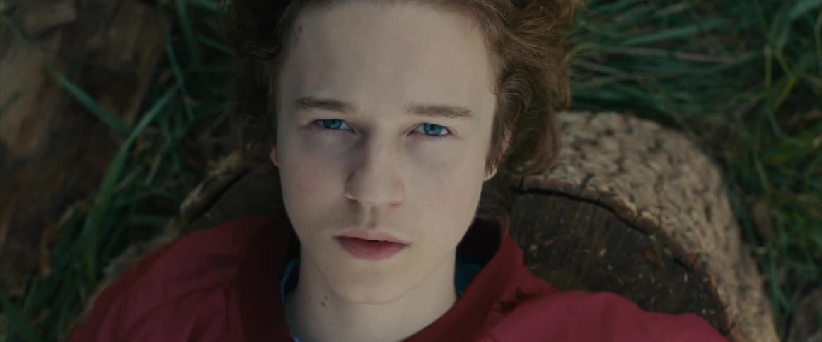 A teenage boy lies on the ground with his eyes closed, he opens his eyes and looks up the sky