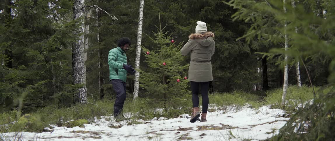 Man and woman admiring decorated Christmas tree outdoors with warm festive joy