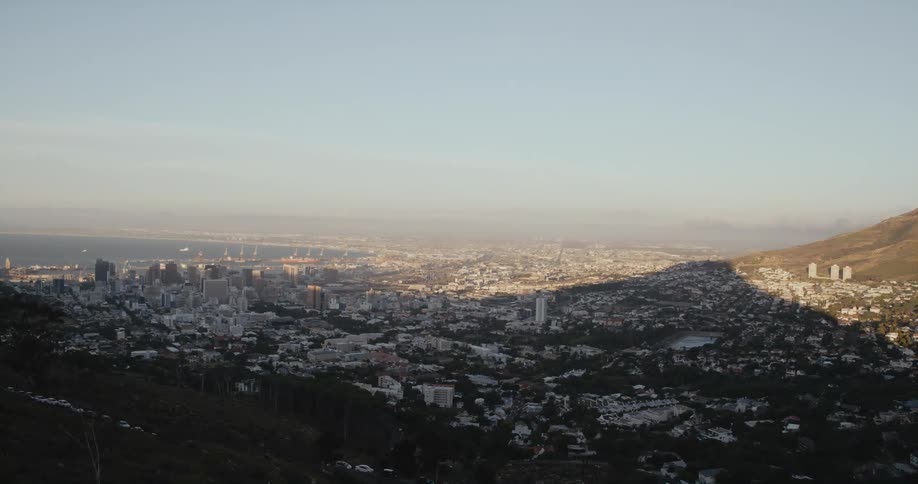 Distant view of coastal city