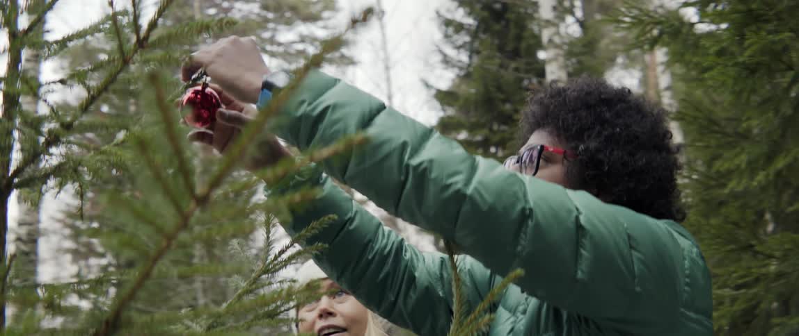 A man is hanging an ornament on a tree as a woman watches