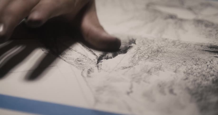 A person is drawing with charcoal