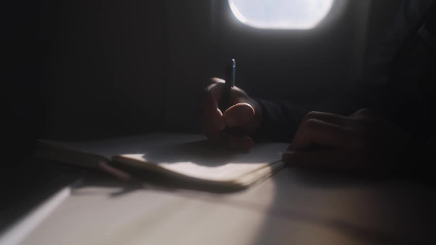 A person writes in a journal while traveling in an airplane during the day
