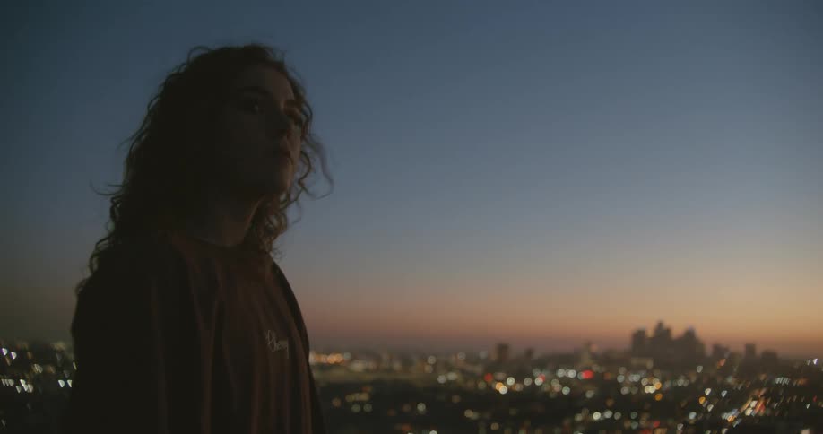 A woman is standing outdoors near a city at dusk
