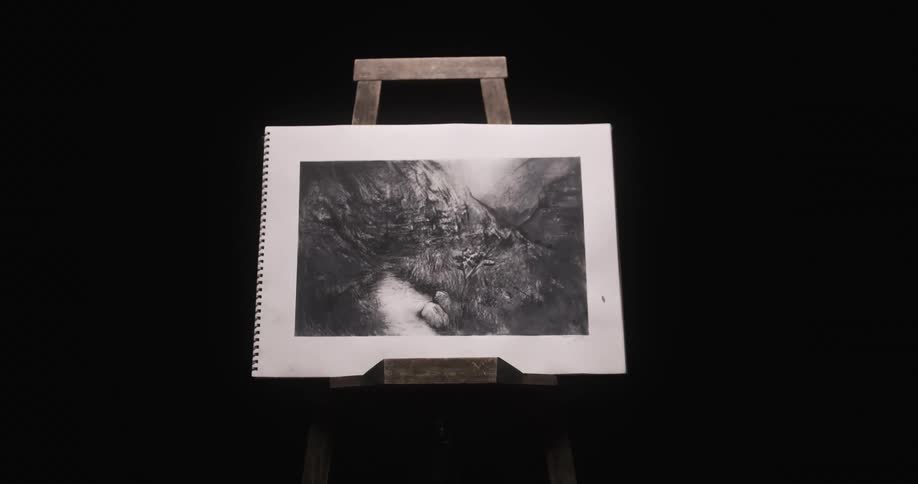 Artwork in a notebook is displayed on a wooden easel