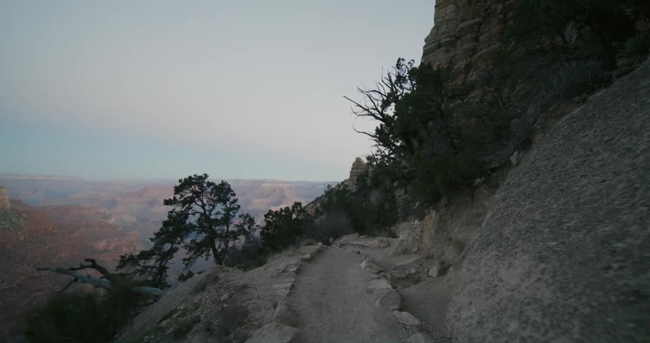 A narrow path along the cliff of a vast canyon during the day