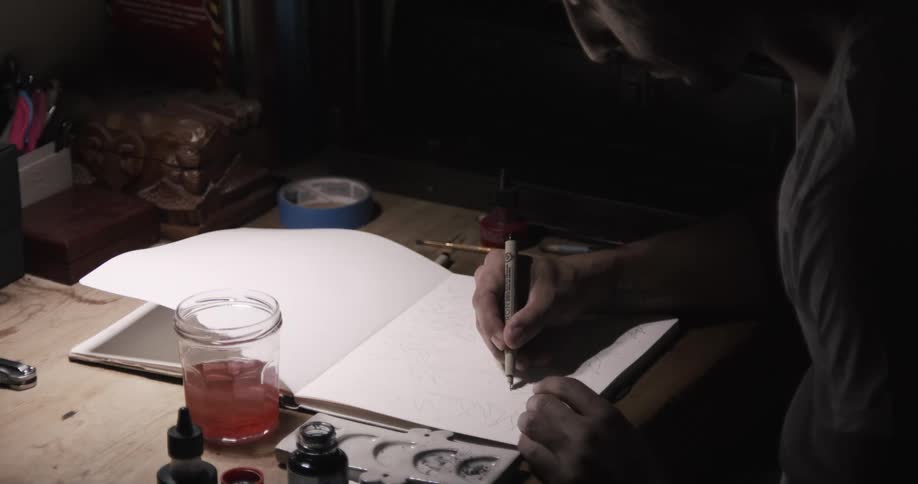 A man is drawing on the paper
