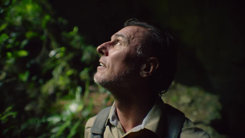 Sunlight is shining on a mans face as he looks around in the woods