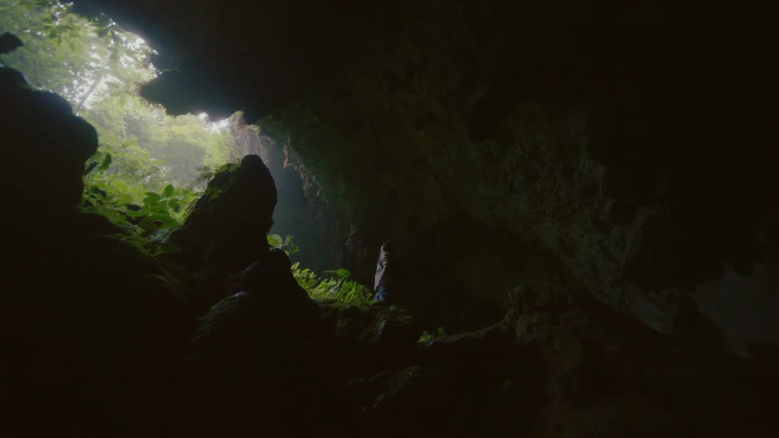 A man stands near the entrance of a cave in the woods