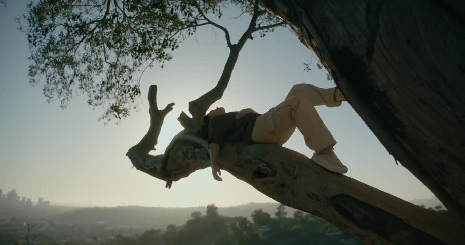 A woman is resting on the branch