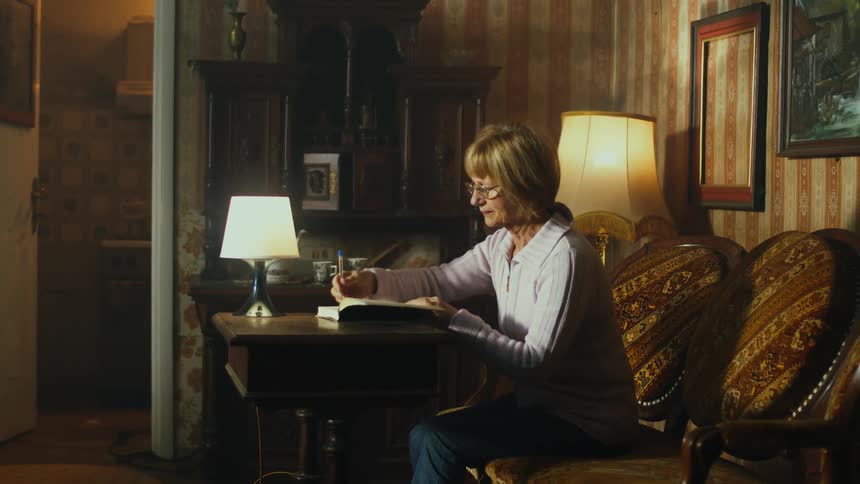Woman sits at home and writes in journal