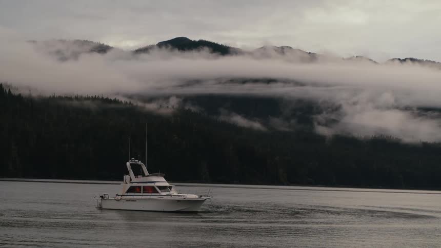 A boat floats on a lake surrounded by forest on a cloudy day