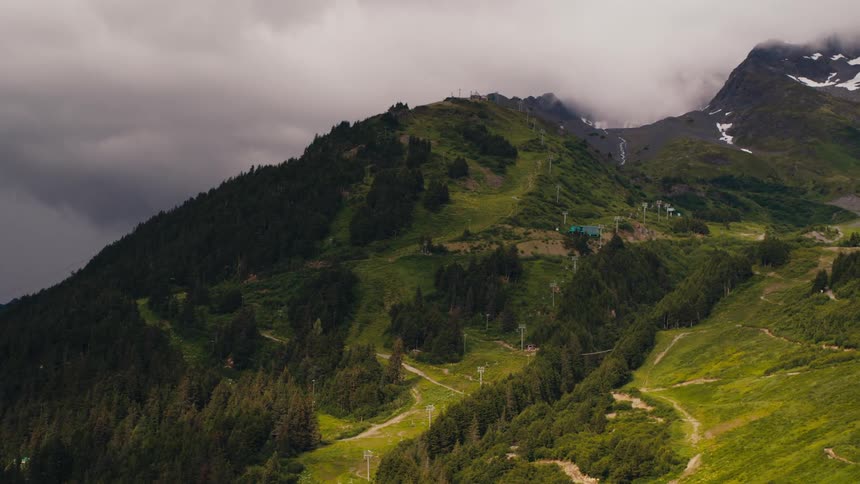 A large mountain slope covered in grass and patches of forest on a cloudy day