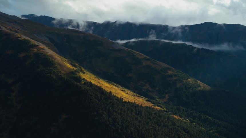 A mountain slope covered in grass and forest under a cloudy sky