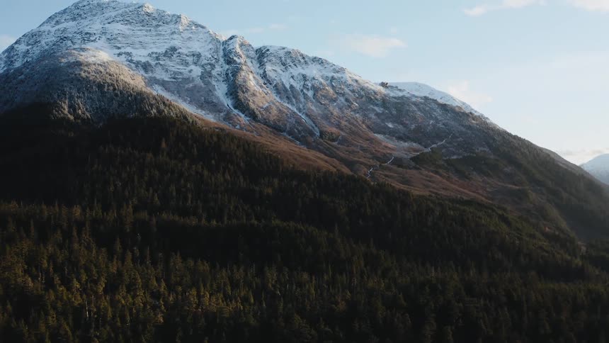 A snow covered mountain towers over a forest on a partly cloudy day