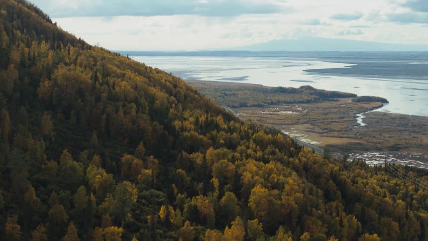 A mountain slope covered in thick vegetation looms over a river basin during the day