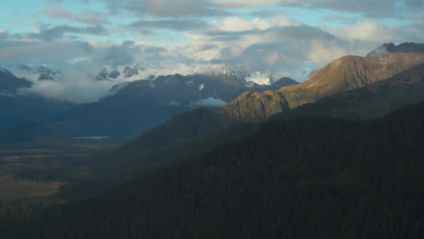 A landscape view of a forest and mountain range