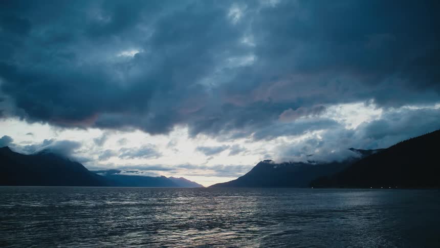 Heavy clouds hang over the lake