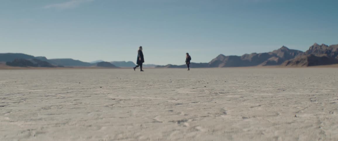 Two people pass near each other as they walk across a desert