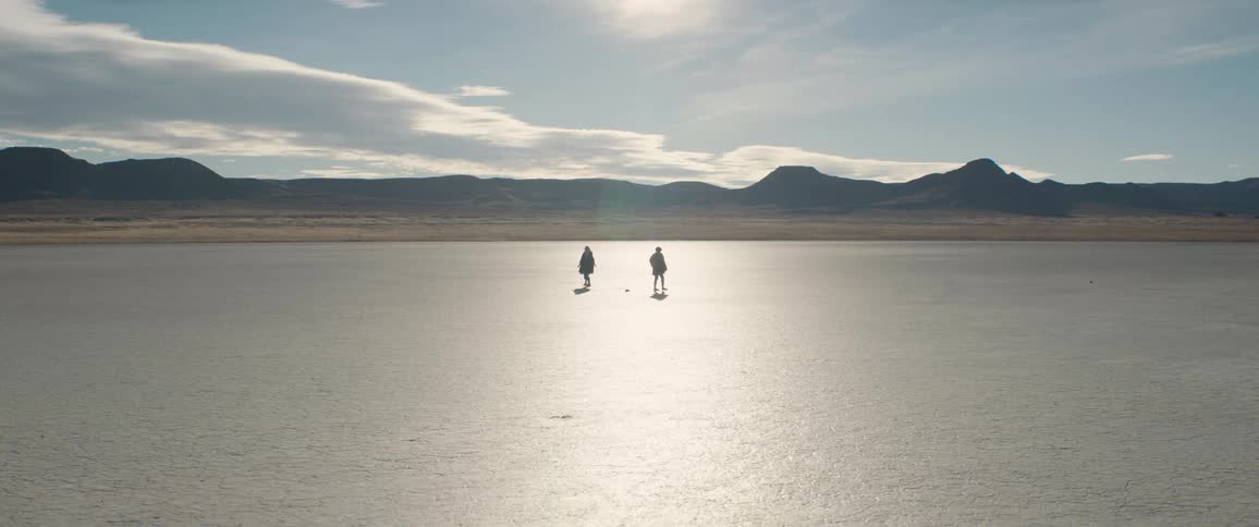 The silhouette of two people passing each other in a barren landscape then turning to look back