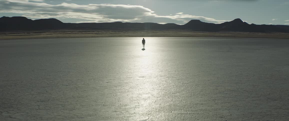 A person walks across the desert