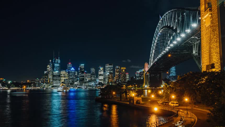 The coastline of a metropolis at night