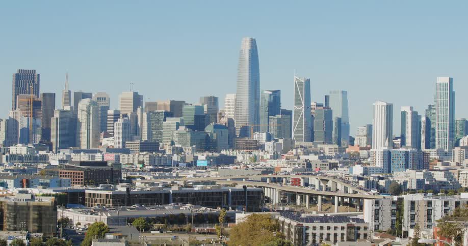 Aerial view of a downtown city is displayed during spring