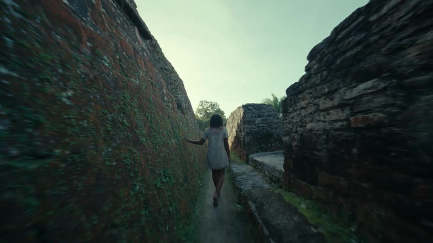 A woman runs her hand along a wall while walking down a rural alley