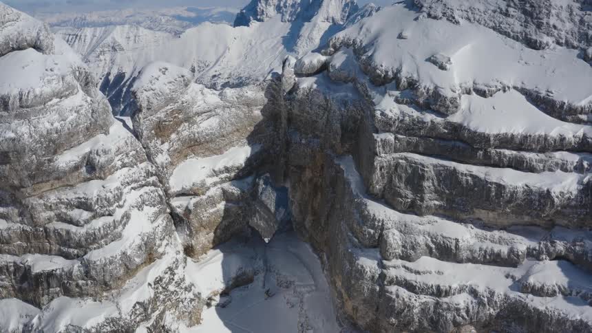 Aerial view of snow covered mountains are displayed
