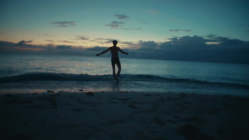 Youth wades through waves and spins around partly silhouetted by red sky as birds fly by