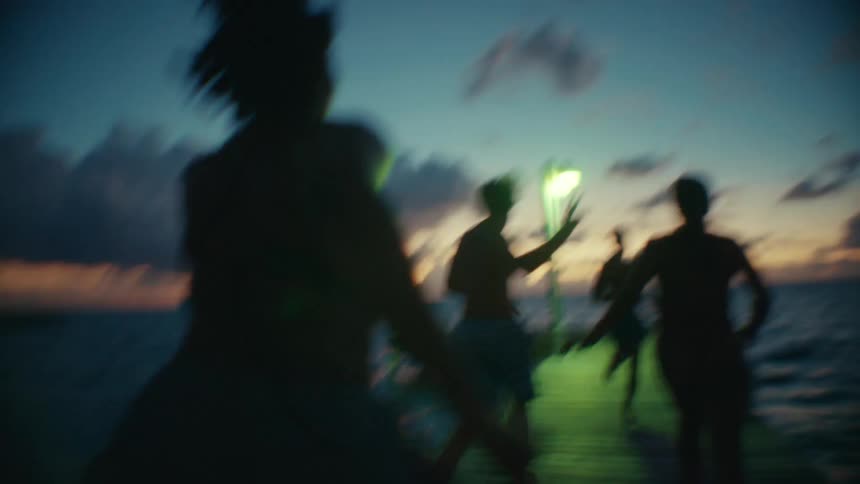 A group of friends are running on a dock by the lake