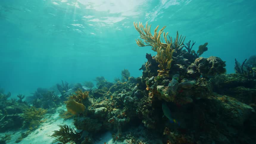 A view of fish swimming under the ocean sea is displayed